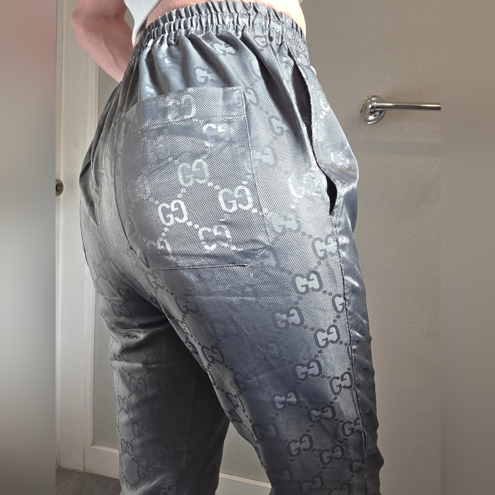 Gucci GG Monogram Drawstring Track Pants Charcoal Elastic Waist Zipper Pockets